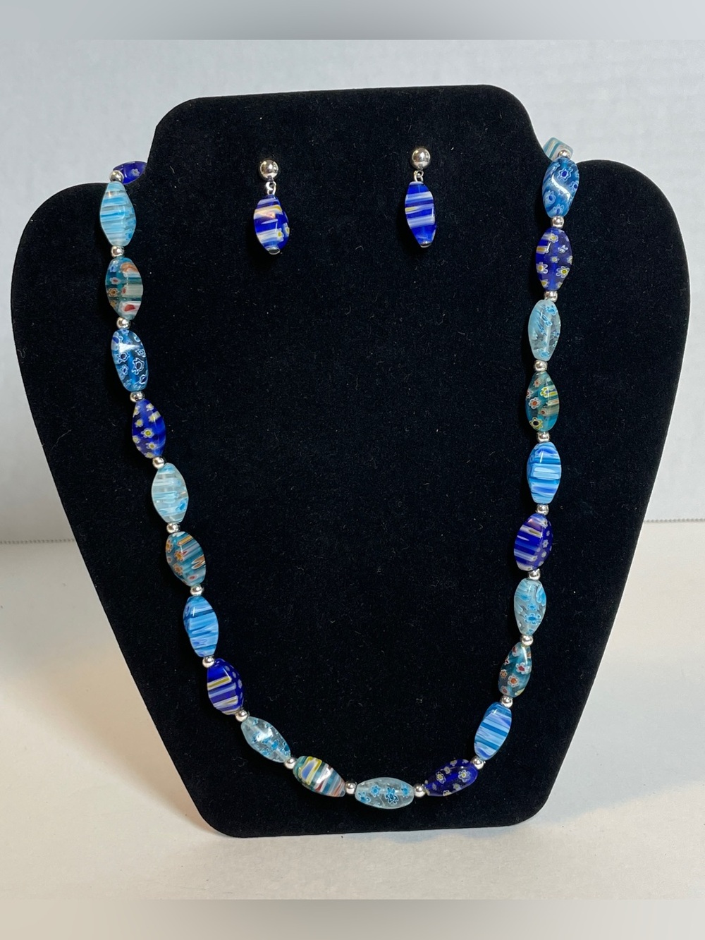 Blue Millefiori Glass Bead Necklace Silver Tone Spacers 22” & Matching earrings